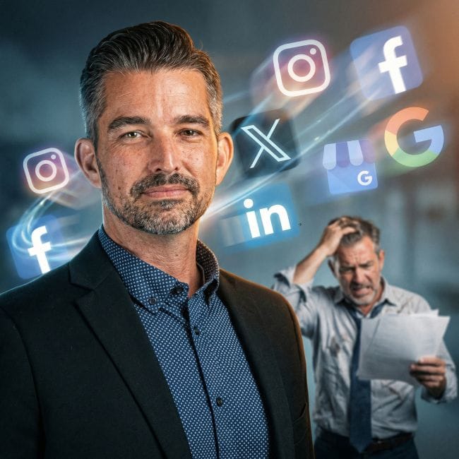 Social media management graphic with logos swirling around.