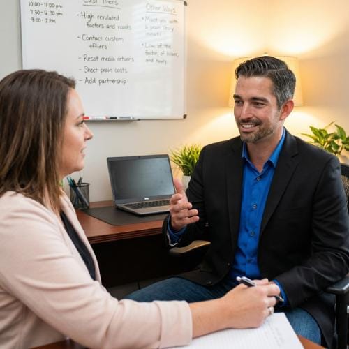 JT talking with a client